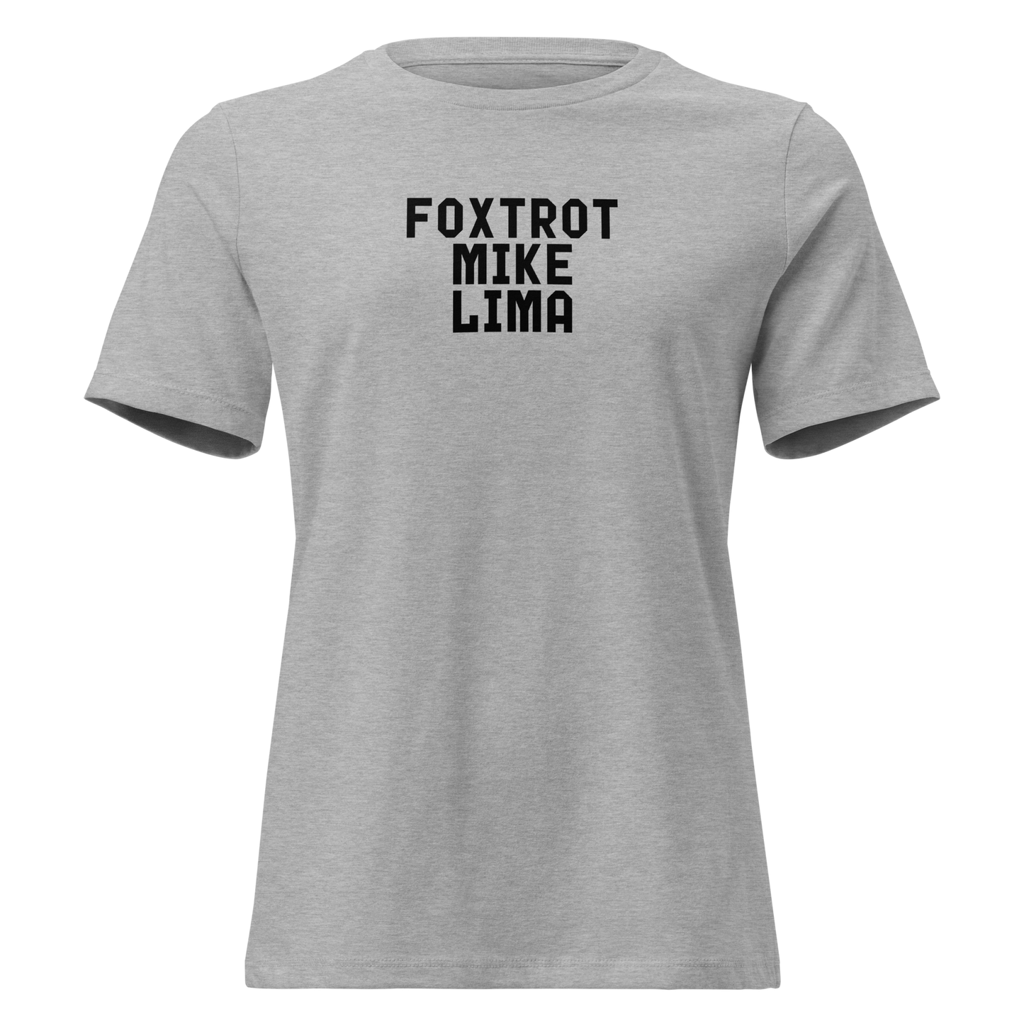 "Foxtrot Mike Lima" printed on a athletic heather on an invisible / simulated body
