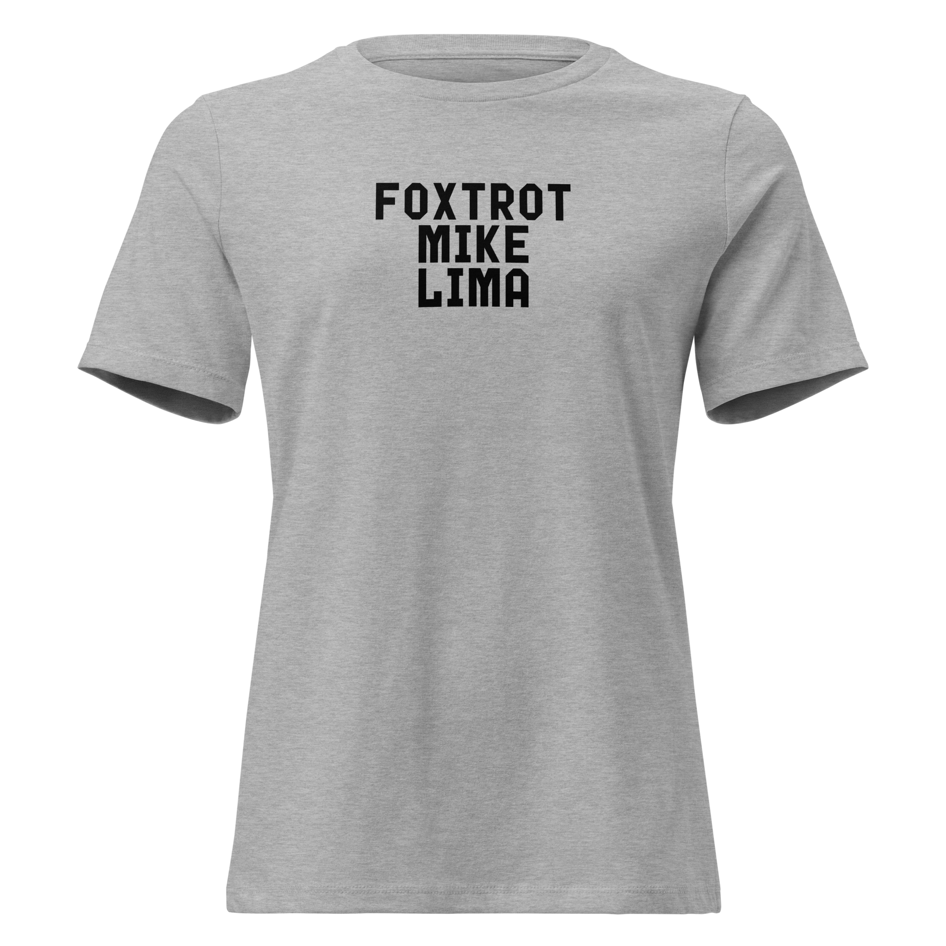 "Foxtrot Mike Lima" printed on a athletic heather on an invisible / simulated body