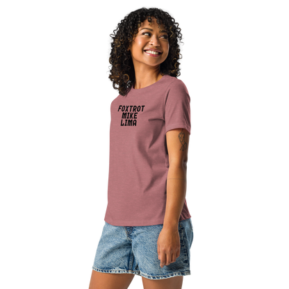 "Foxtrot Mike Lima" printed on a heather mauve women's relaxed t-shirt worn by a female
