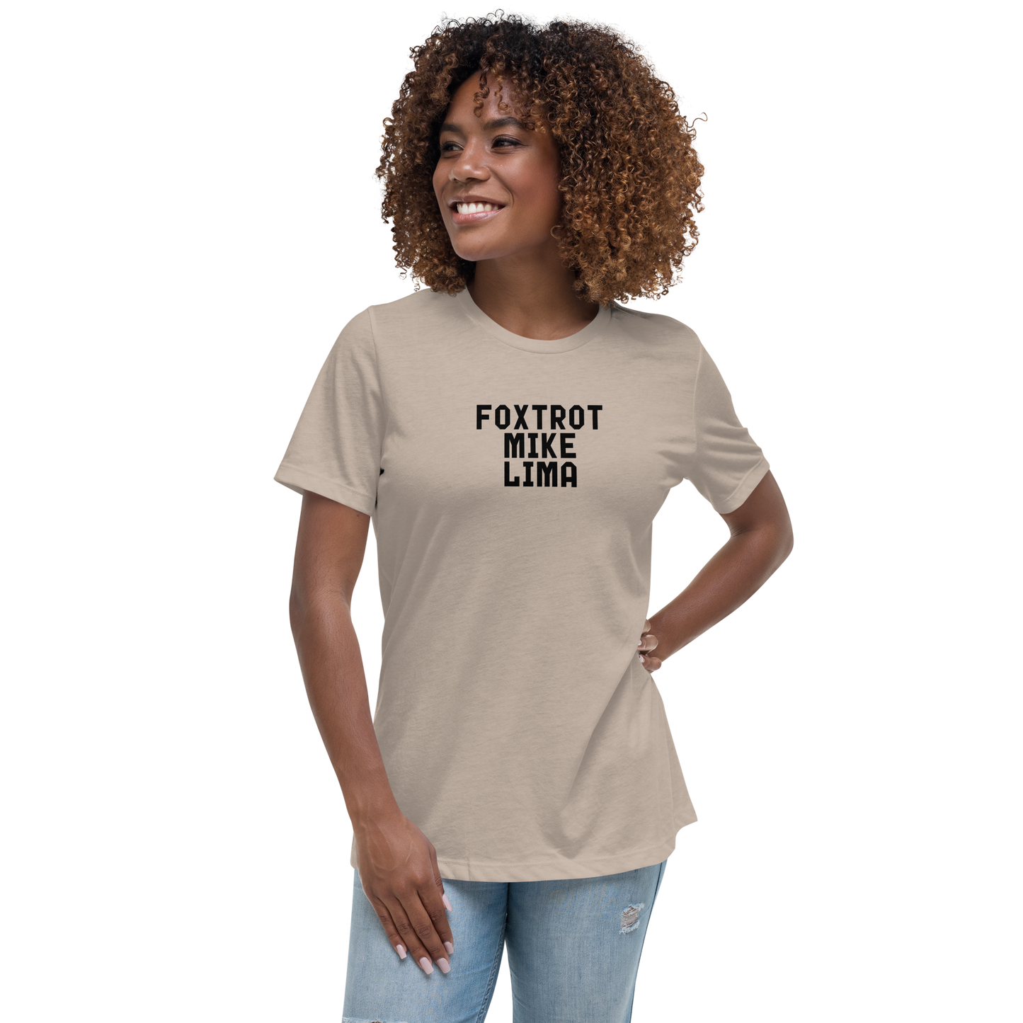 "Foxtrot Mike Lima" printed on a heather stone women's relaxed t-shirt worn by a female