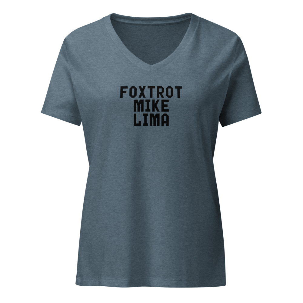 "Foxtrot Mike Lima" printed on a heather slate on an invisible / simulated body