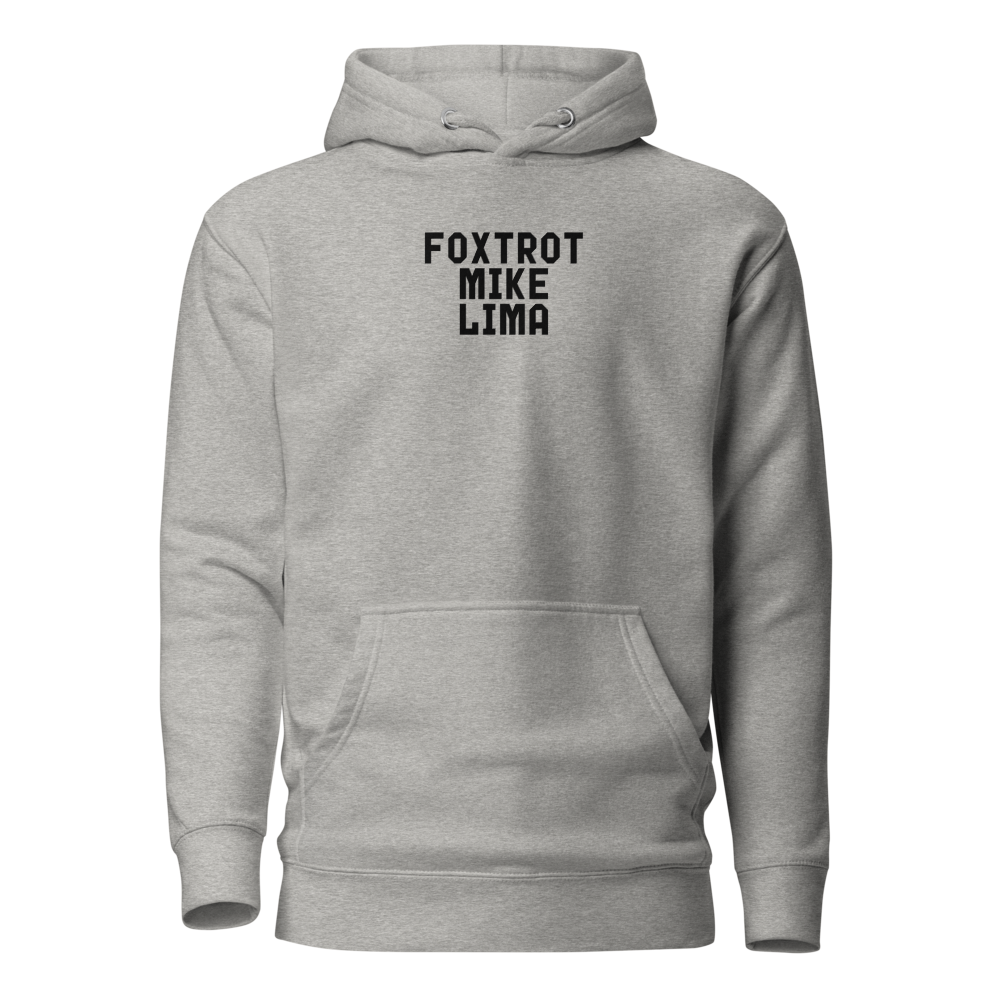 "Foxtrot Mike Lima" printed on a carbon grey on an invisible / simulated body