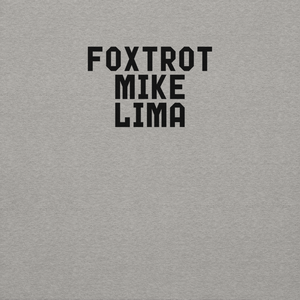 "Foxtrot Mike Lima" printed on a carbon grey background