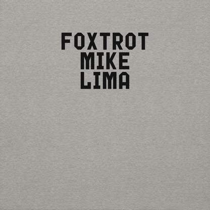 "Foxtrot Mike Lima" printed on a carbon grey background