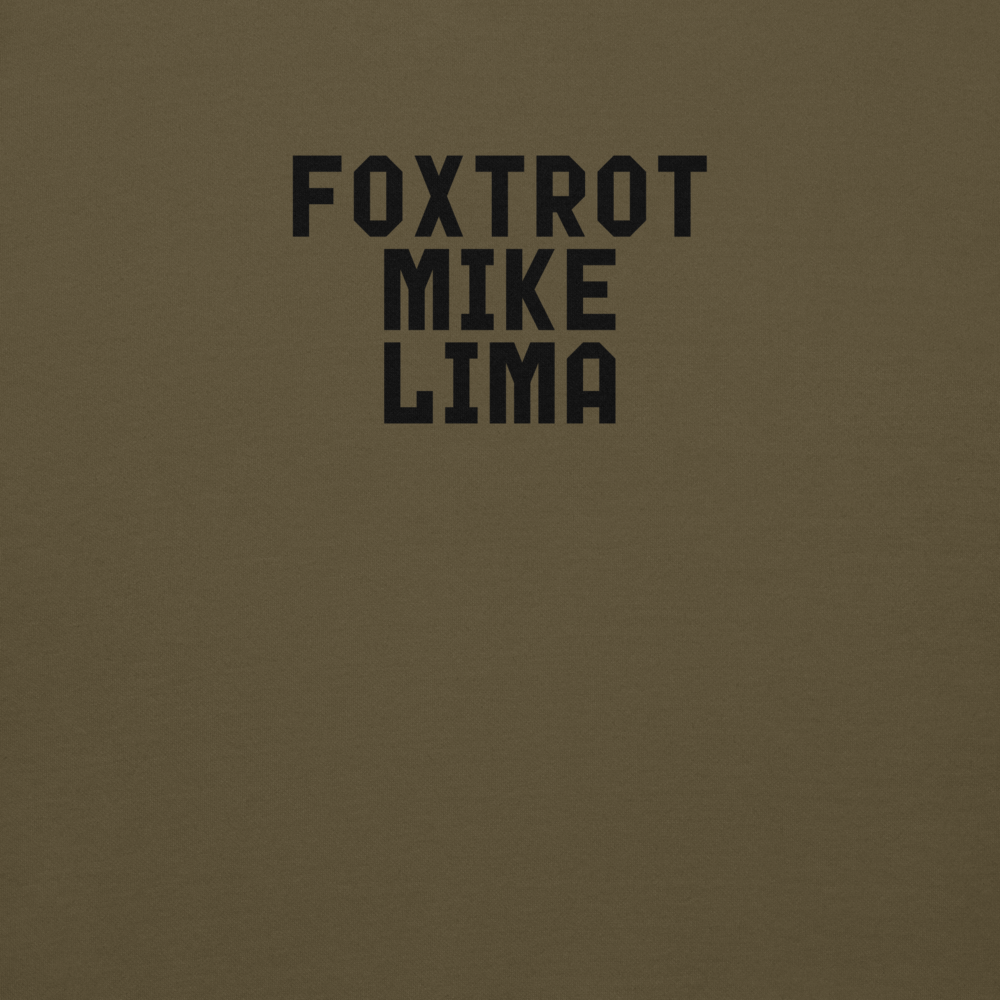 "Foxtrot Mike Lima" printed on a military green background