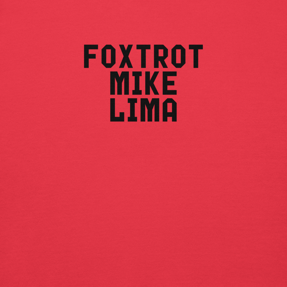 "Foxtrot Mike Lima" printed on a team red background