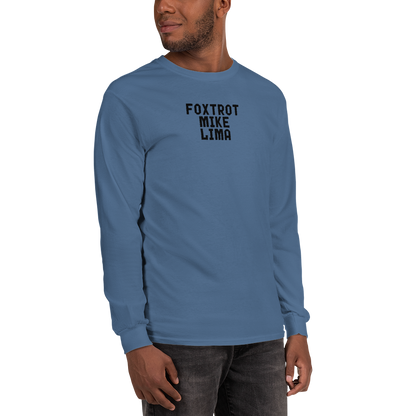 "Foxtrot Mike Lima" printed on a indigo blue men's long sleeve shirt worn by a male