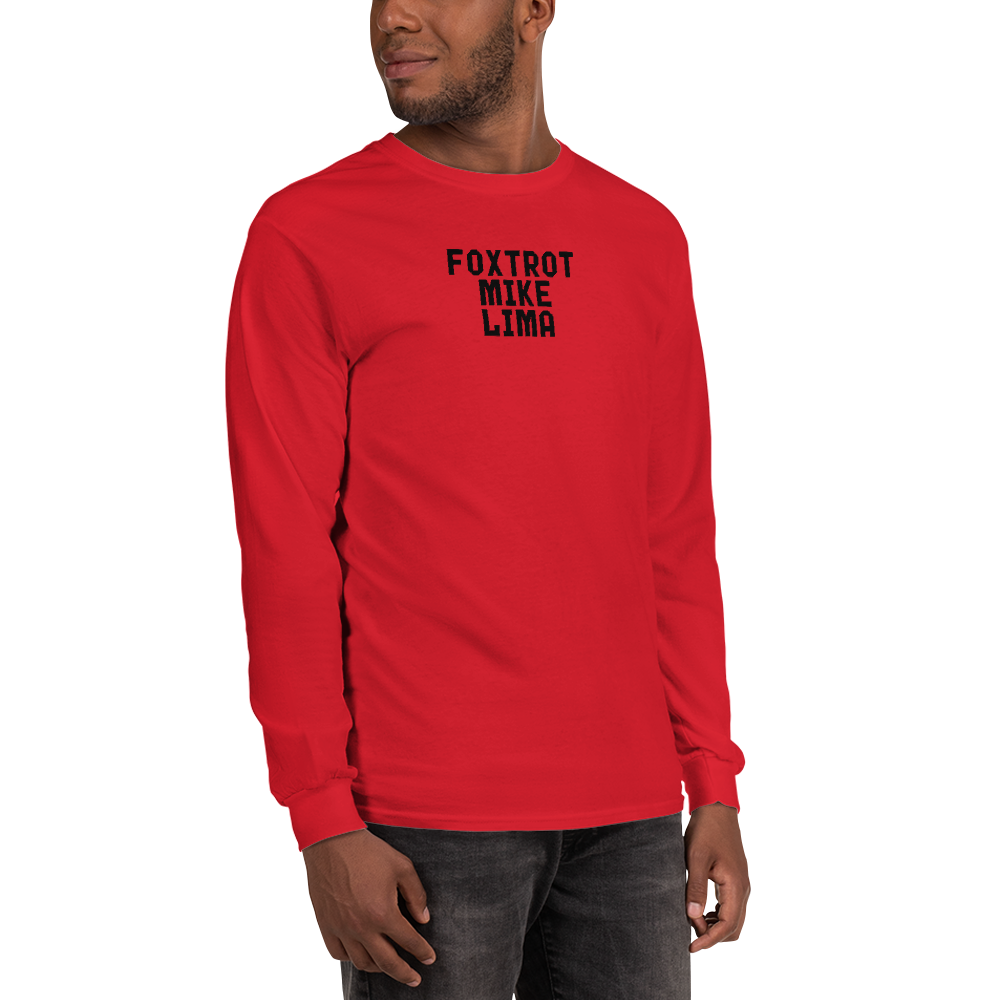 "Foxtrot Mike Lima" printed on a red men's long sleeve shirt worn by a male