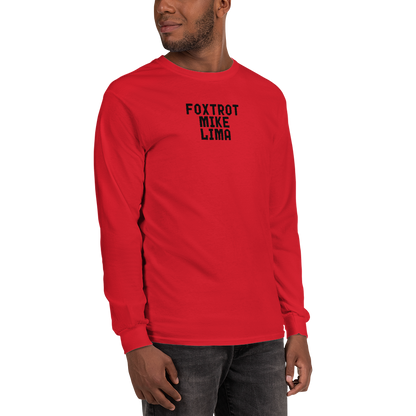 "Foxtrot Mike Lima" printed on a red men's long sleeve shirt worn by a male