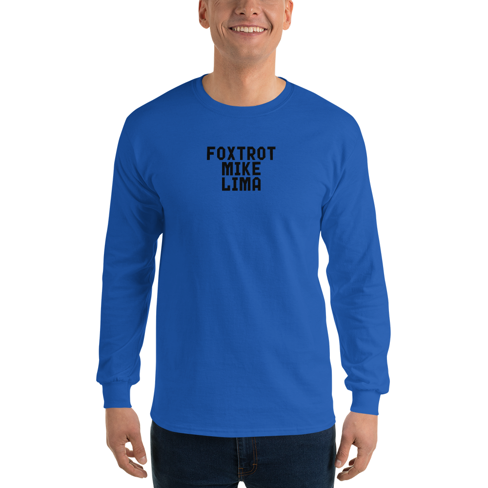 "Foxtrot Mike Lima" printed on a royal men's long sleeve shirt worn by a male
