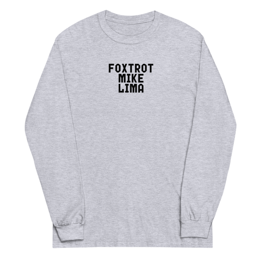 "Foxtrot Mike Lima" printed on a sport grey men's long sleeve shirt laying on a flat surface
