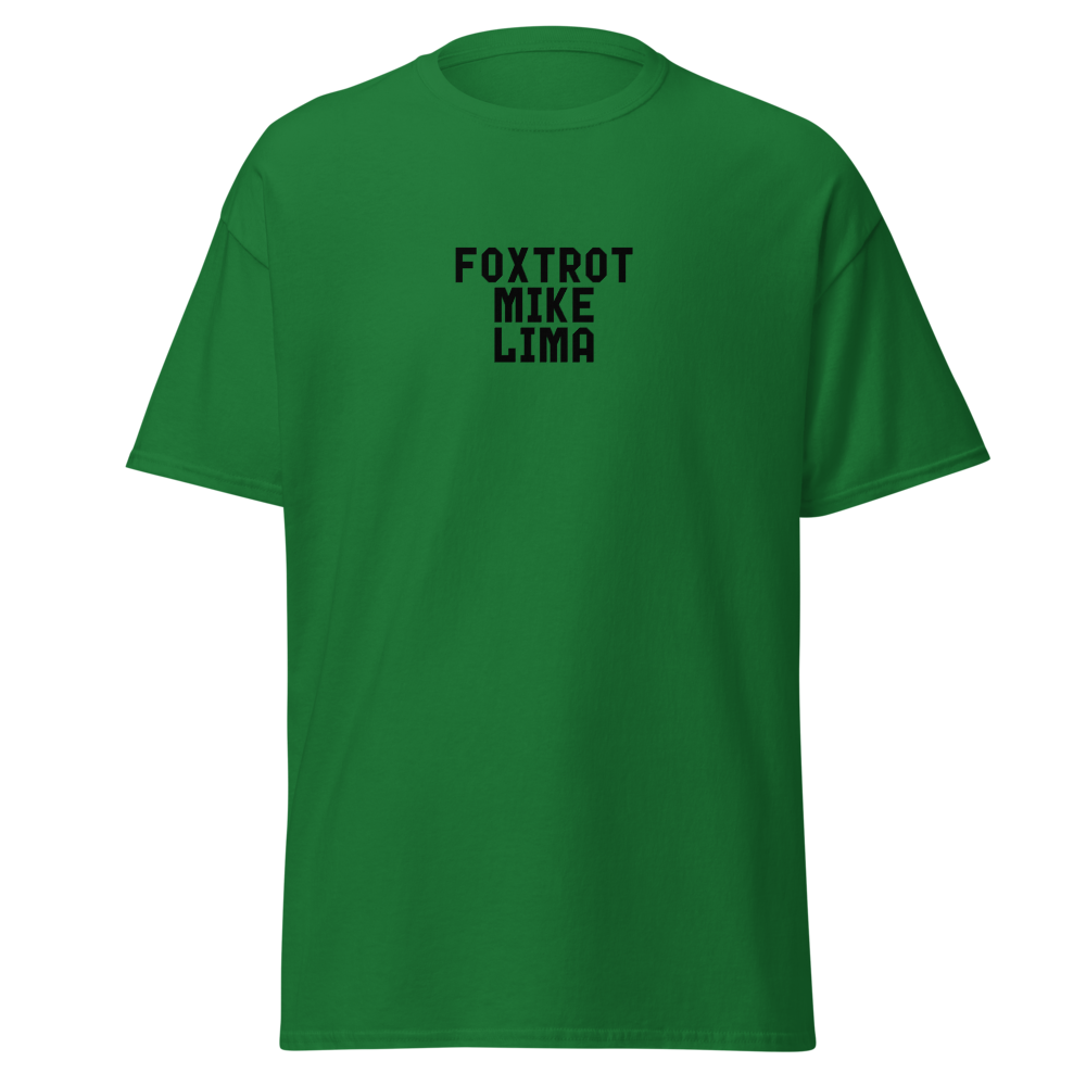 "Foxtrot Mike Lima" printed on a turf green on an invisible body