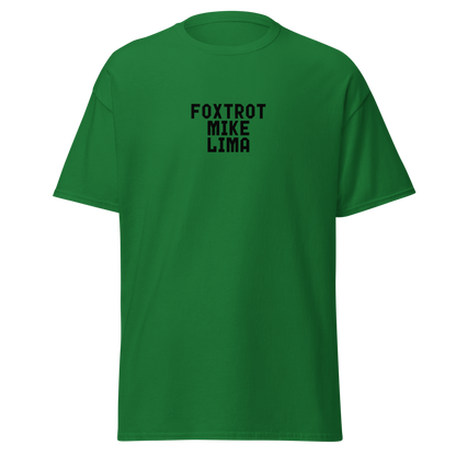 "Foxtrot Mike Lima" printed on a turf green on an invisible body
