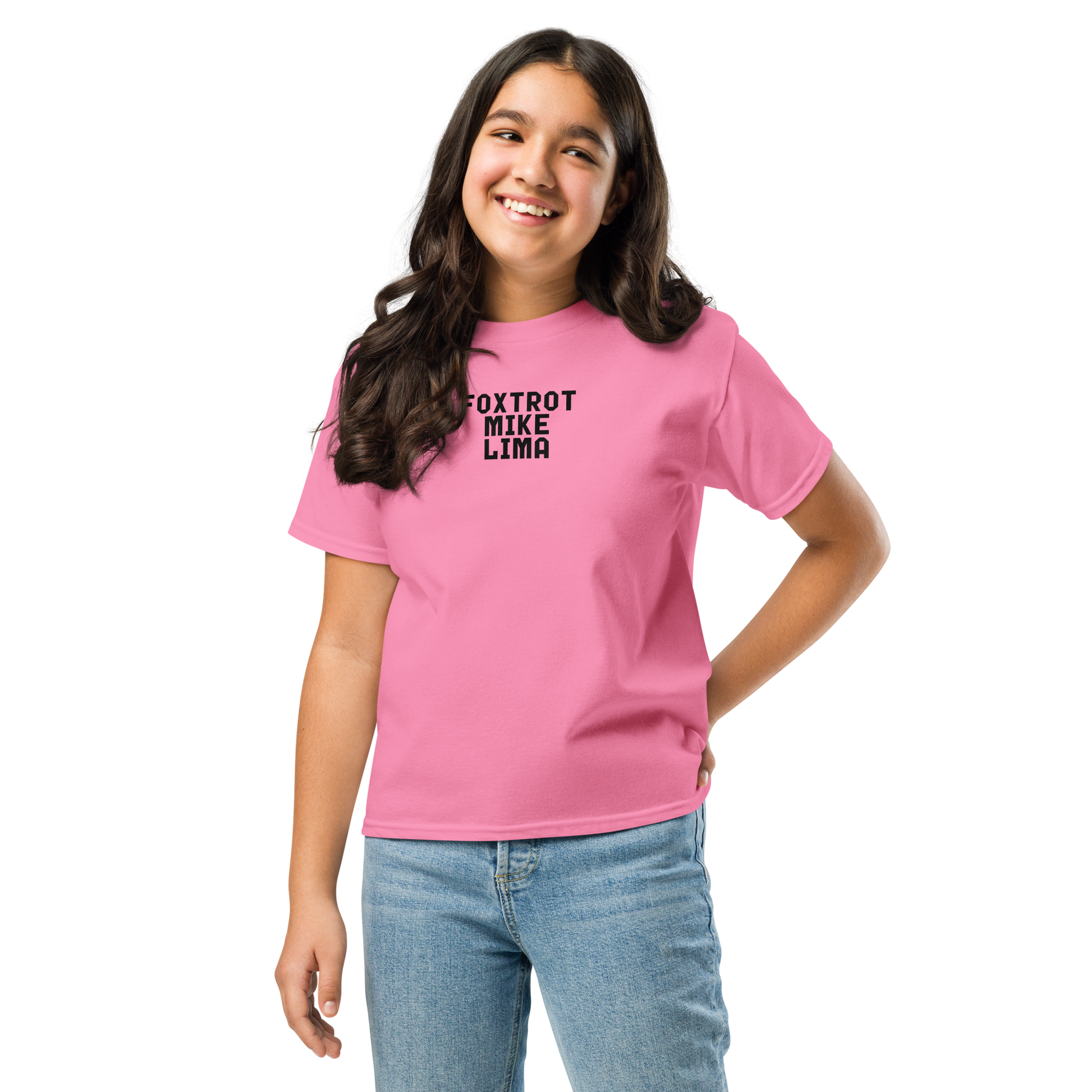 "Foxtrot Mike Lima" printed on a azalea youth classic tee worn by a female