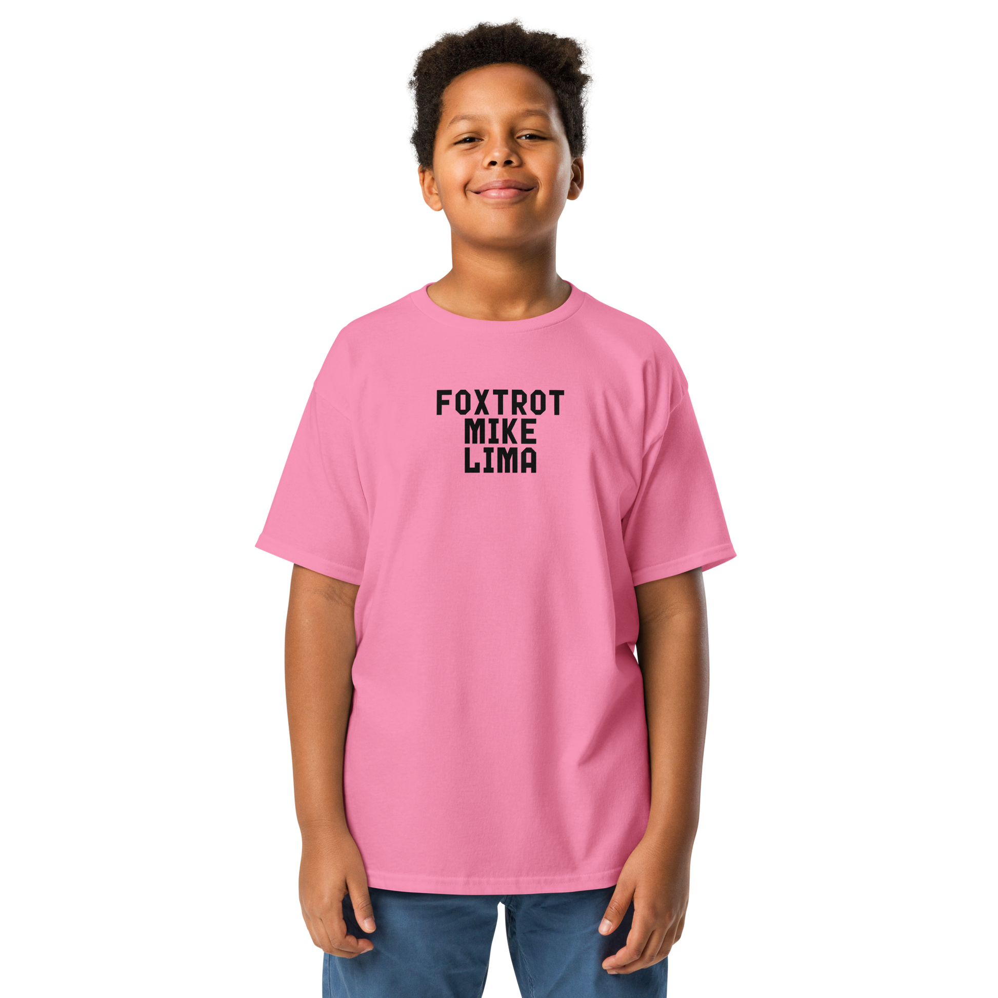 "Foxtrot Mike Lima" printed on a azalea youth classic tee worn by a male