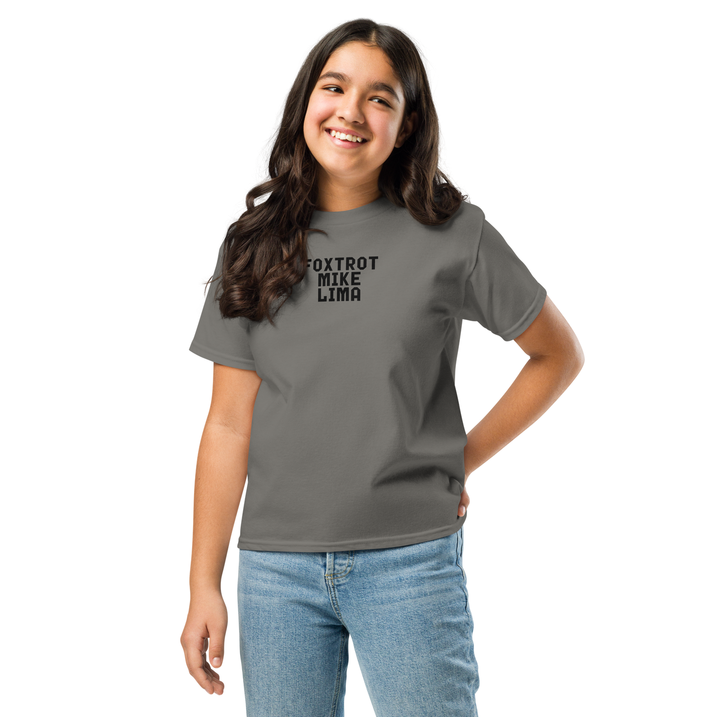 "Foxtrot Mike Lima" printed on a charcoal youth classic tee worn by a female