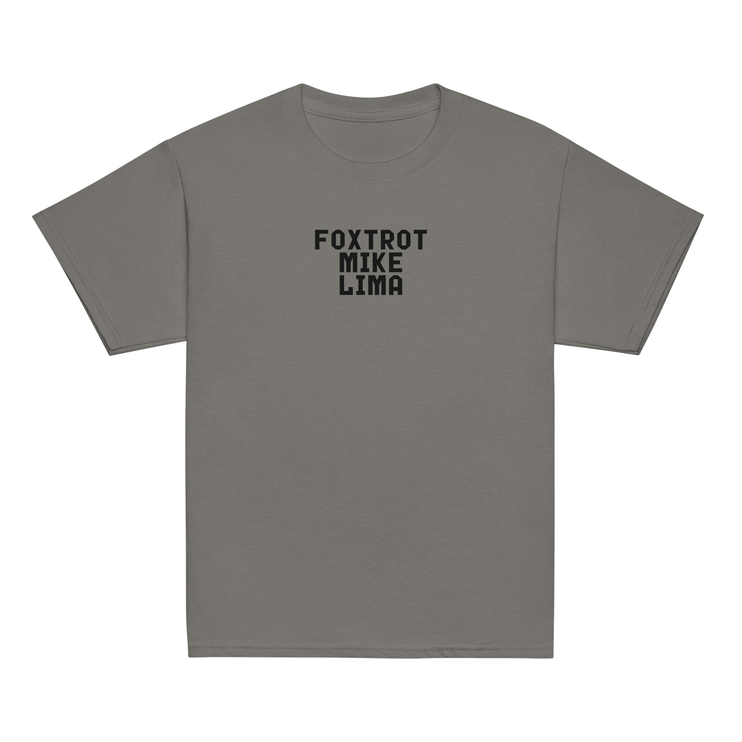 "Foxtrot Mike Lima" printed on a charcoal youth classic tee laying on a flat surface