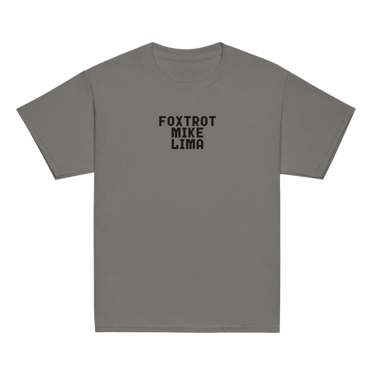 "Foxtrot Mike Lima" printed on a charcoal youth classic tee laying on a flat surface