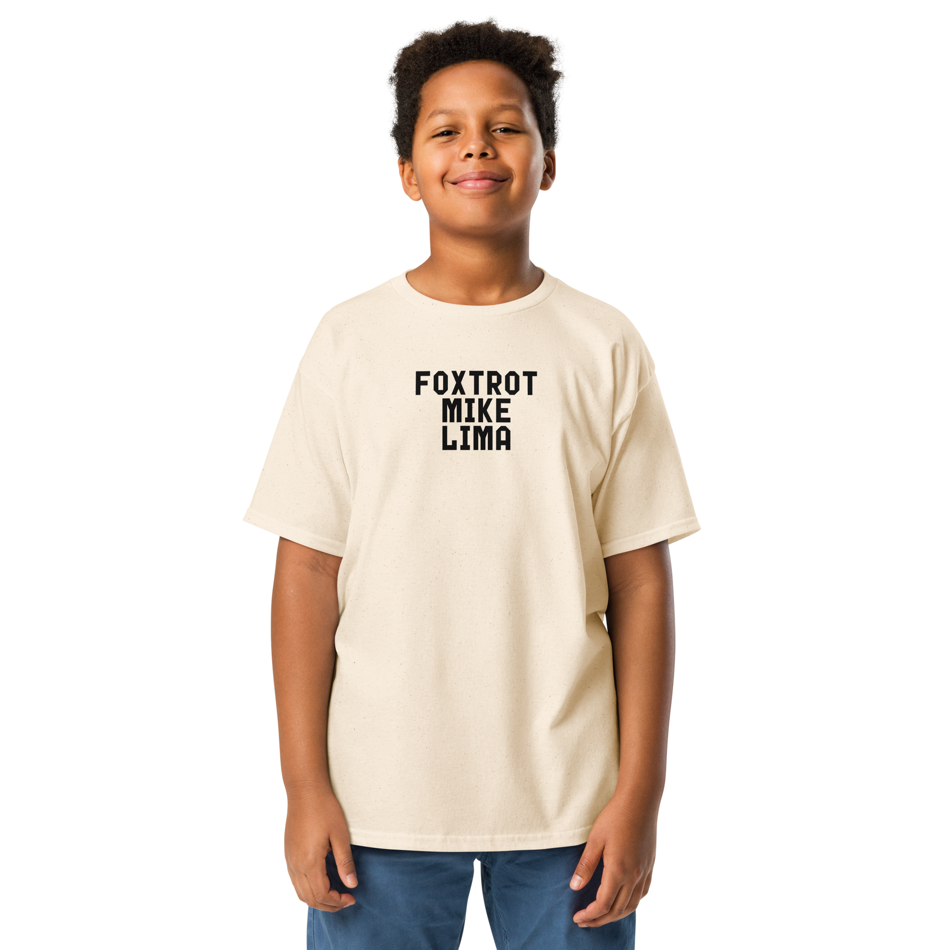 "Foxtrot Mike Lima" printed on a natural youth classic tee worn by a male