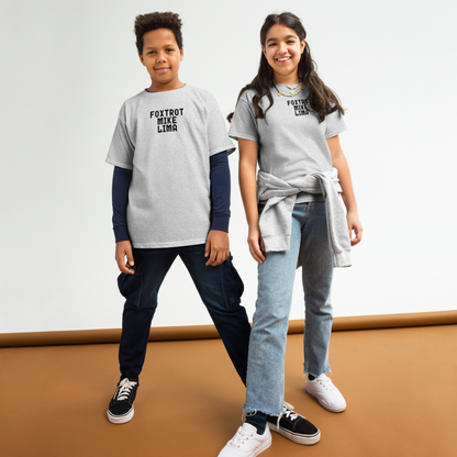 "Foxtrot Mike Lima" printed on a sport grey youth classic tee worn by a female and male