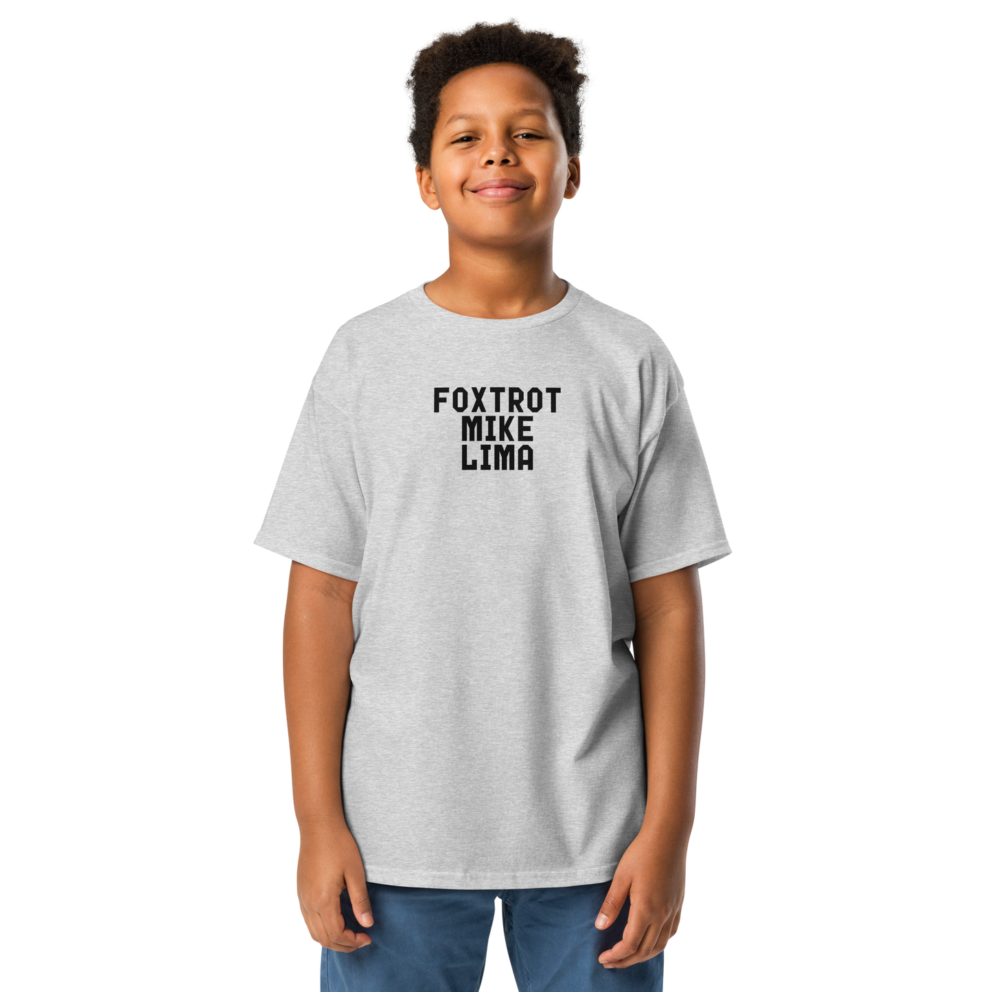 "Foxtrot Mike Lima" printed on a sport grey youth classic tee worn by a male