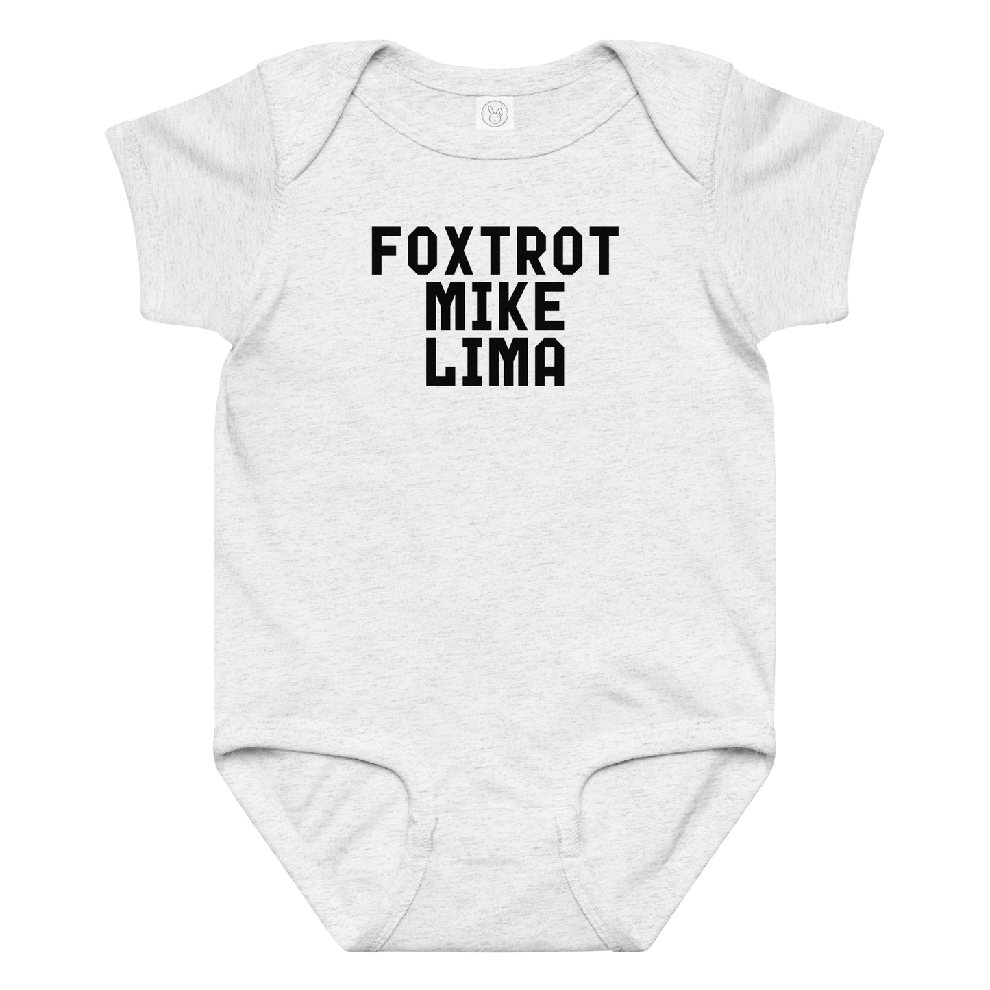 "Foxtrot Mike Lima" printed on a ash baby jersey bodysuit laying on a flat surface amongst other clothes