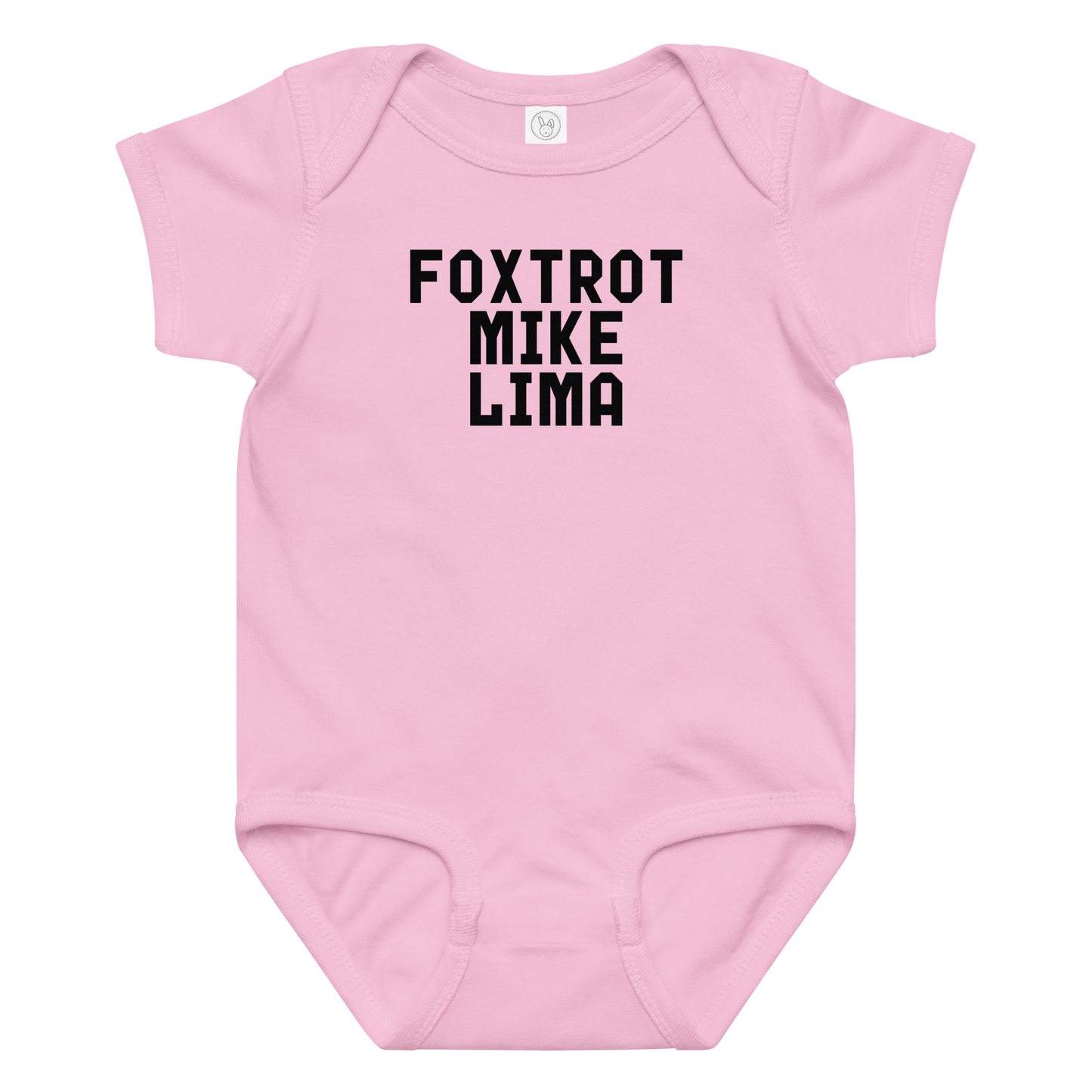 "Foxtrot Mike Lima" printed on a pink baby jersey bodysuit laying on a flat surface amongst other clothes