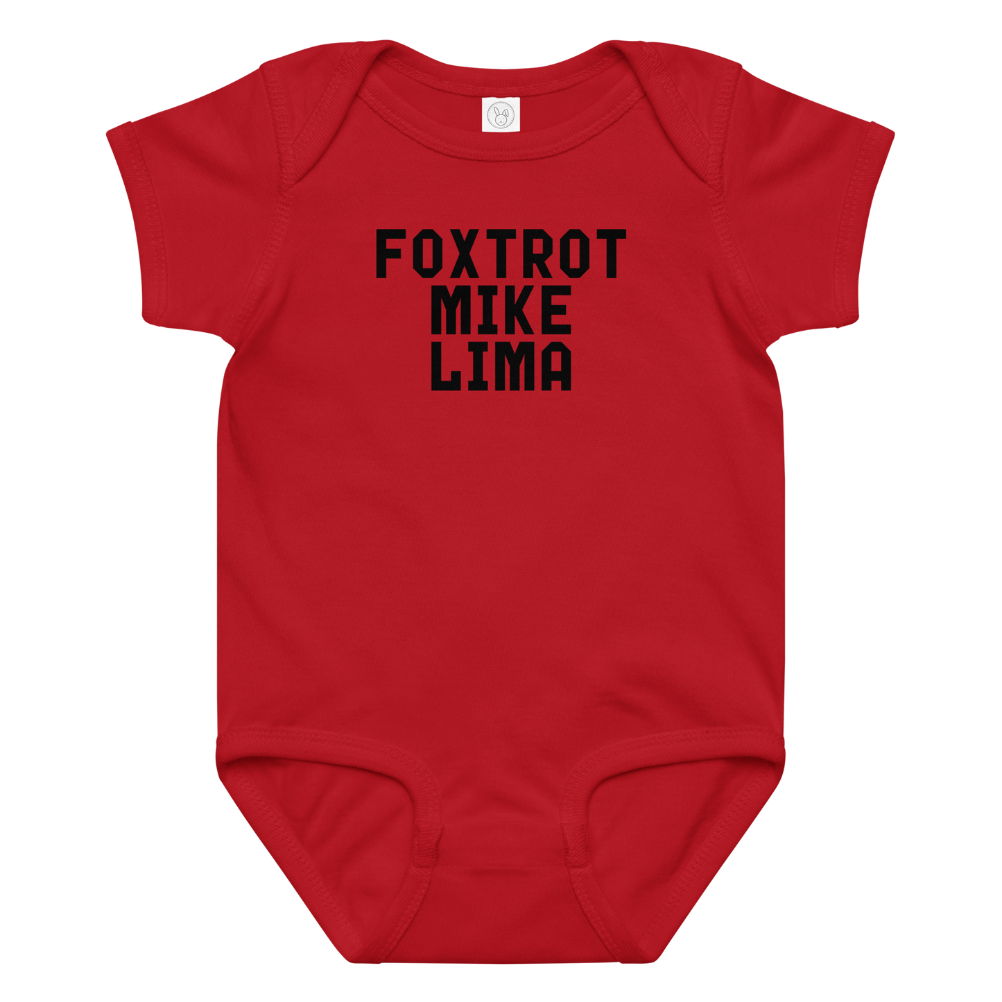 "Foxtrot Mike Lima" printed on a red baby jersey bodysuit laying on a flat surface amongst other clothes