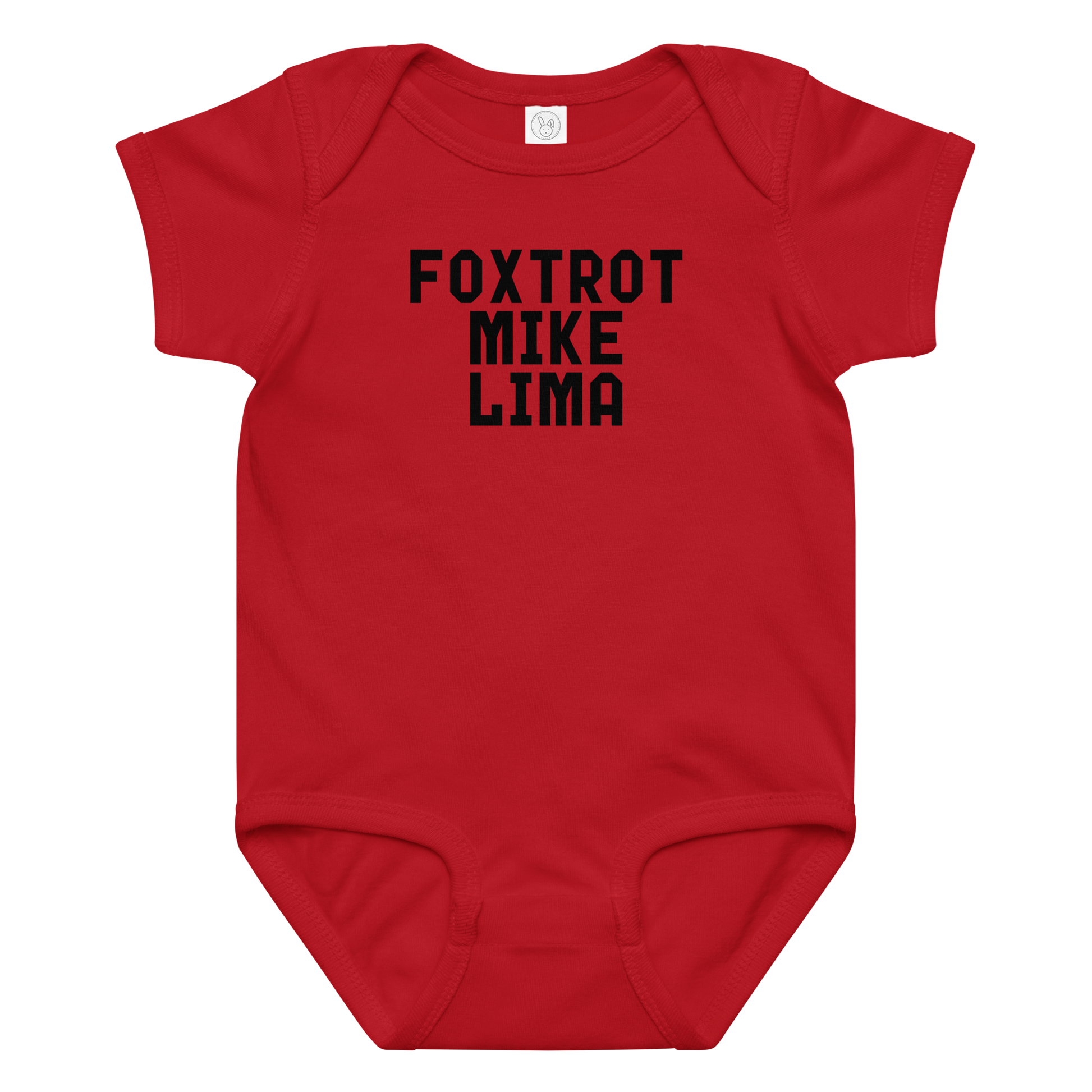 "Foxtrot Mike Lima" printed on a red baby jersey bodysuit laying on a flat surface amongst other clothes