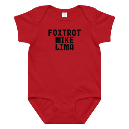"Foxtrot Mike Lima" printed on a red baby jersey bodysuit laying on a flat surface amongst other clothes