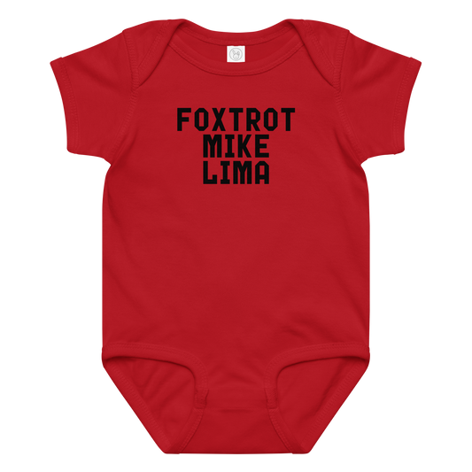"Foxtrot Mike Lima" printed on a red baby jersey bodysuit laying on a flat surface amongst other clothes