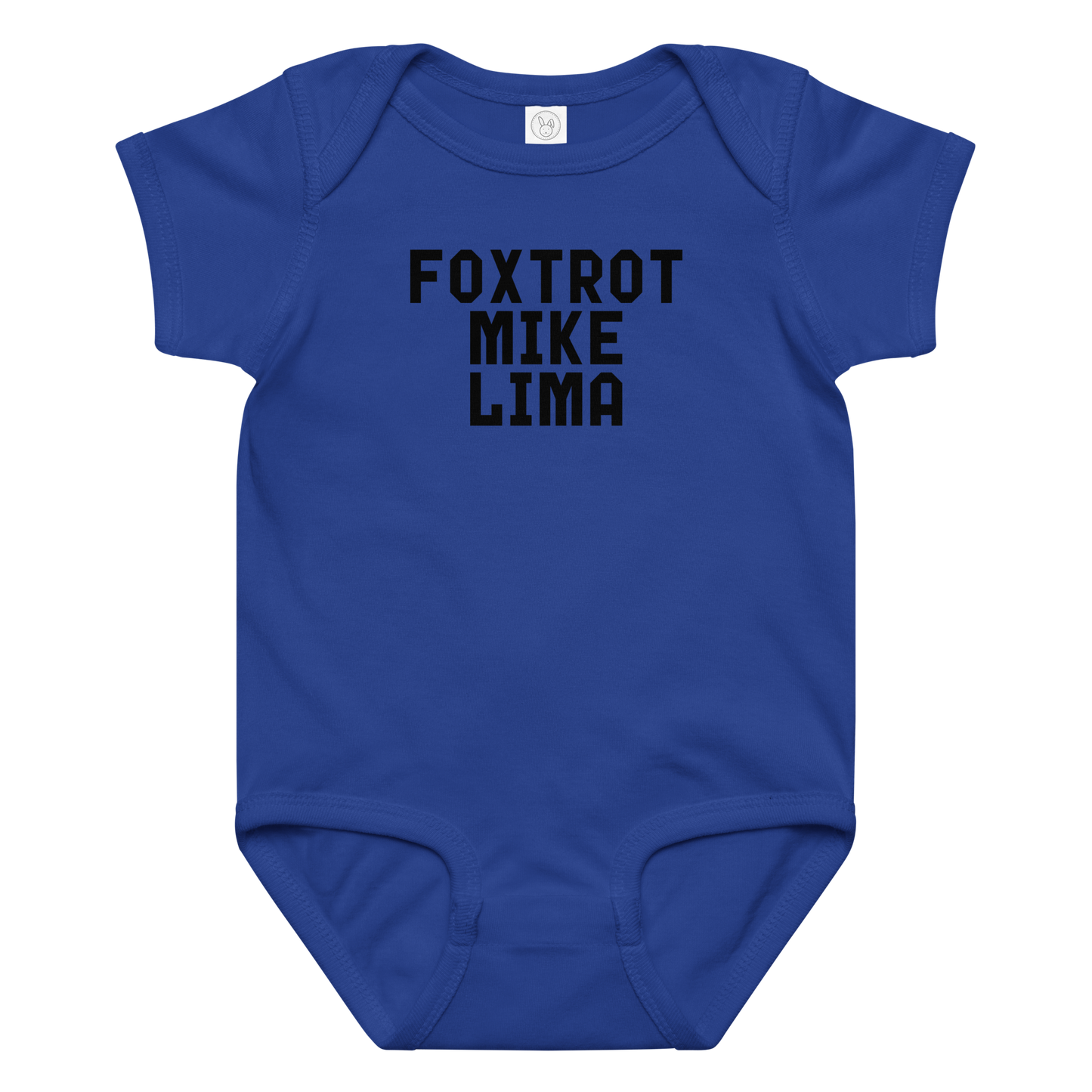 "Foxtrot Mike Lima" printed on a royal baby jersey bodysuit laying on a flat surface amongst other clothes