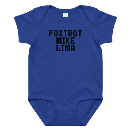 "Foxtrot Mike Lima" printed on a royal baby jersey bodysuit laying on a flat surface amongst other clothes