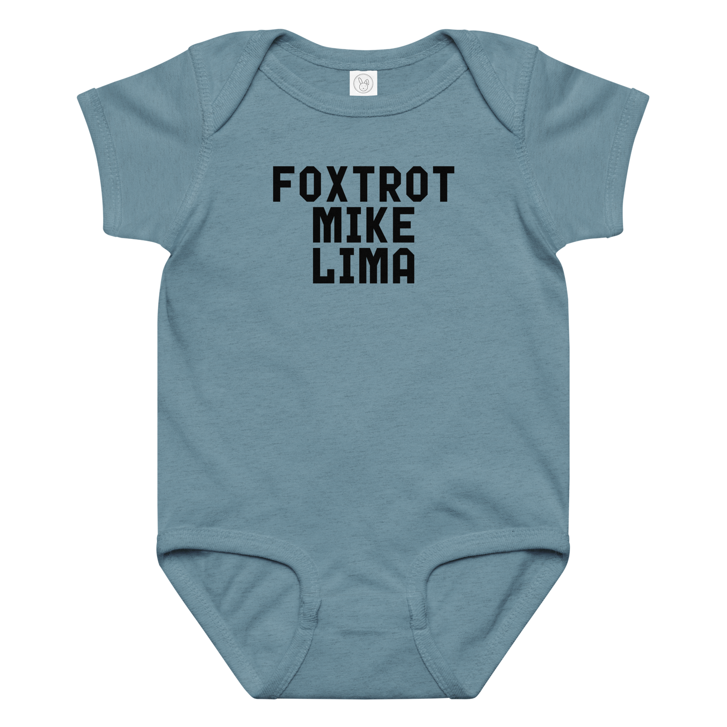 "Foxtrot Mike Lima" printed on a vintage indigo baby jersey bodysuit laying on a flat surface amongst other clothes
