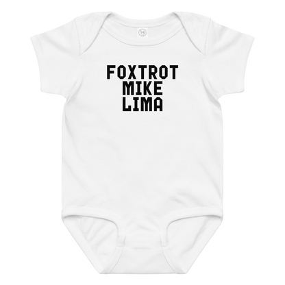 "Foxtrot Mike Lima" printed on a white baby jersey bodysuit laying on a flat surface amongst other clothes