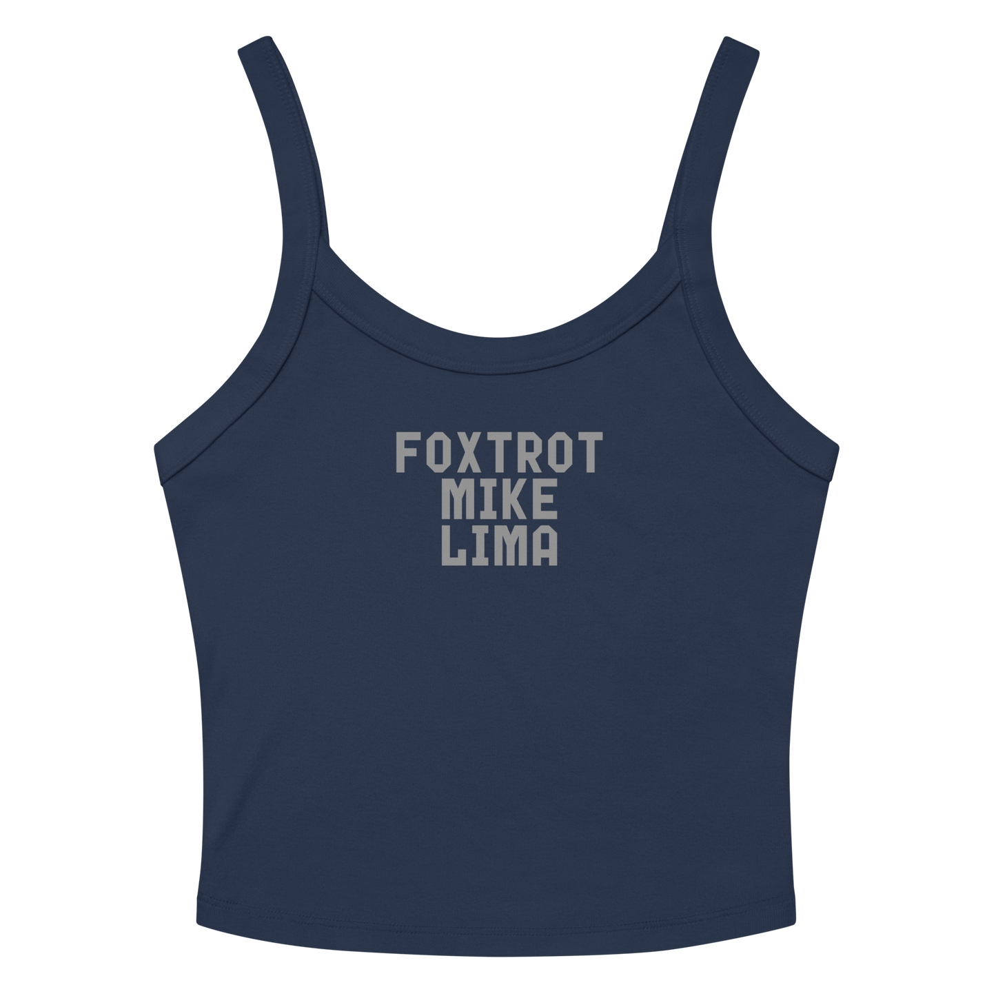 "Foxtrot Mike Lima" printed on a solid navy blend women's micro-rib tanktop laying on a flat surface amongst sunglasses and shorts