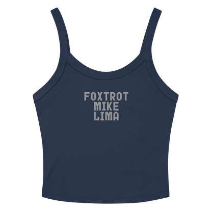 "Foxtrot Mike Lima" printed on a solid navy blend women's micro-rib tanktop laying on a flat surface amongst sunglasses and shorts