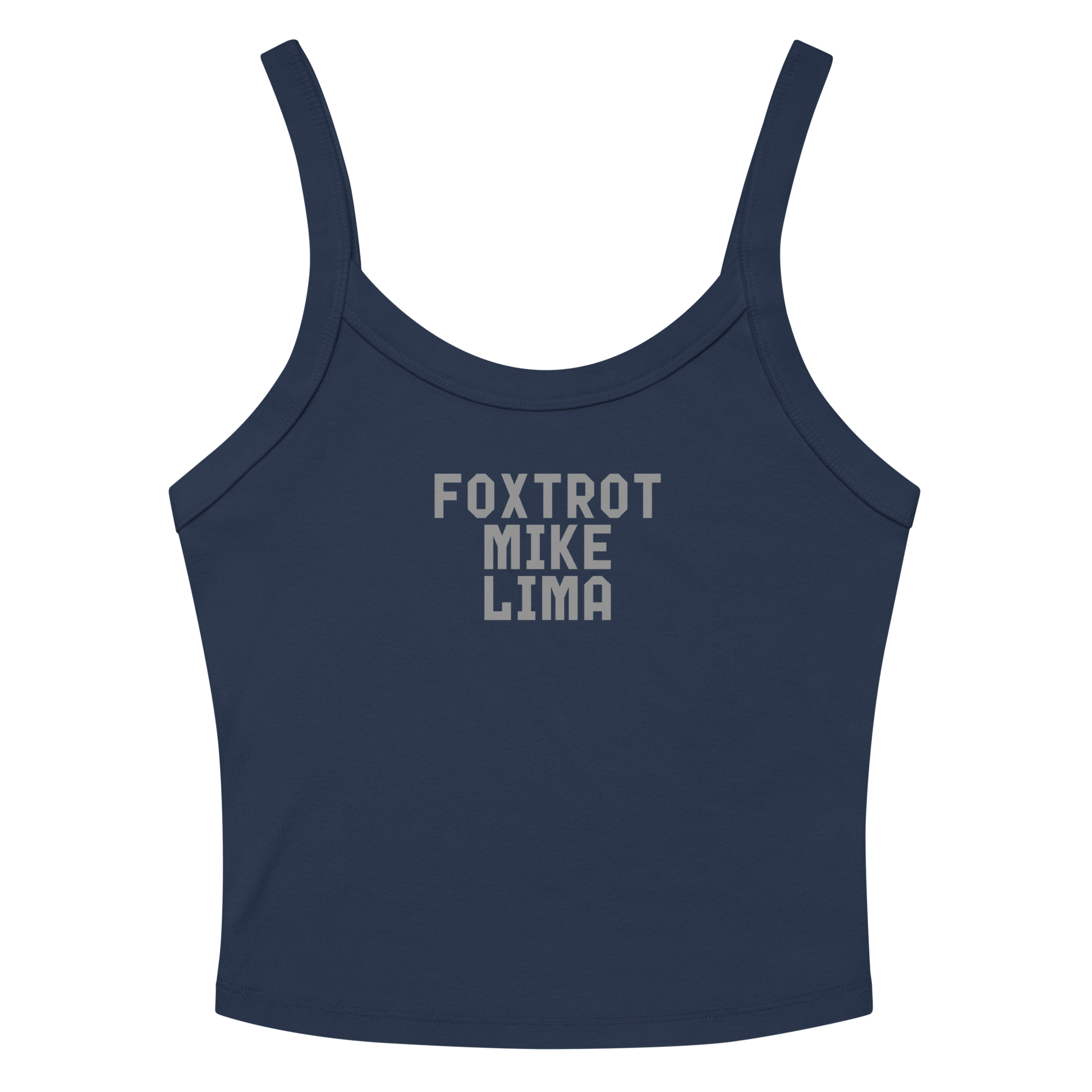 "Foxtrot Mike Lima" printed on a solid navy blend women's micro-rib tanktop laying on a flat surface amongst sunglasses and shorts