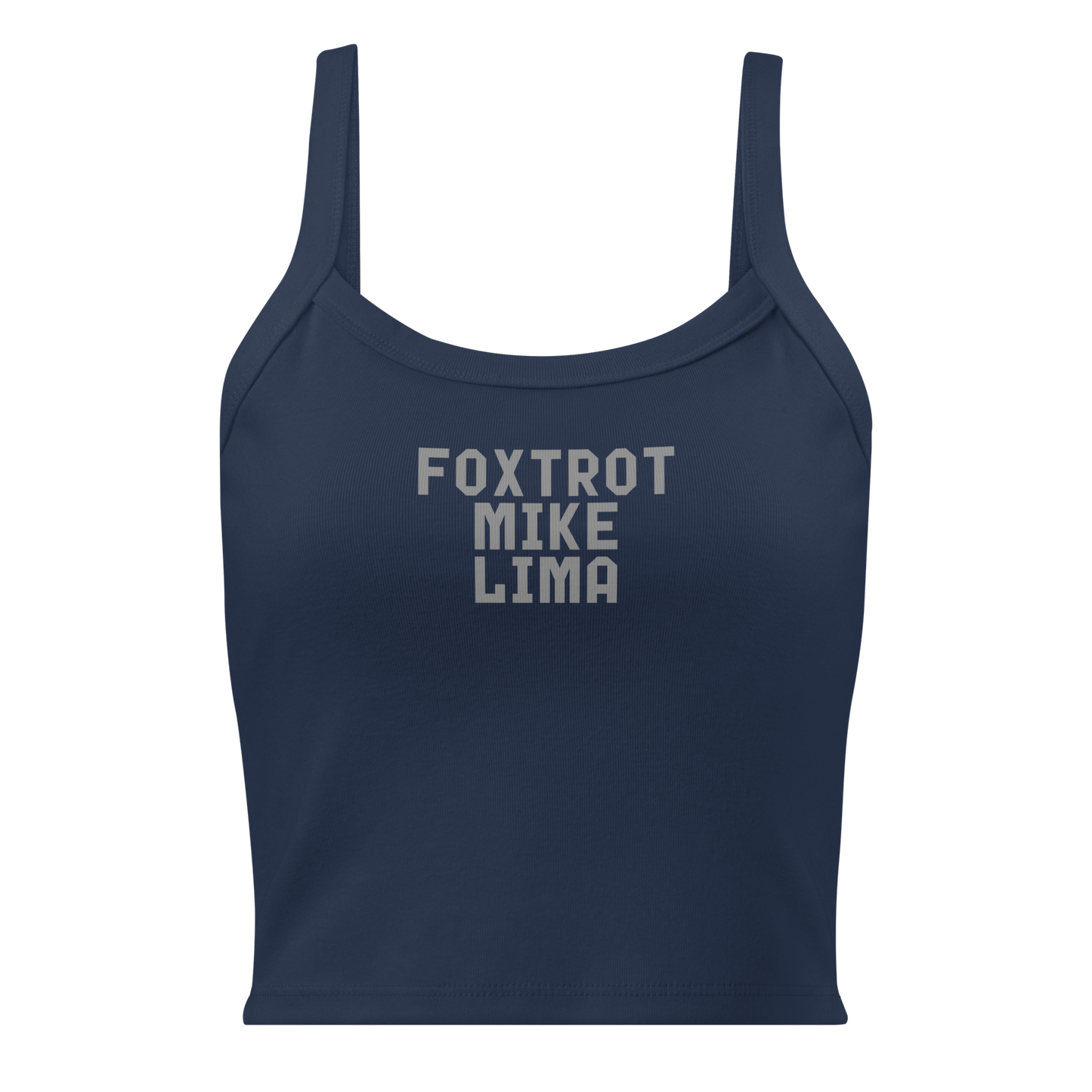 "Foxtrot Mike Lima" printed on a solid navy blend women's micro-rib tanktop laying on a flat surface