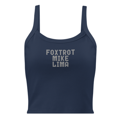 "Foxtrot Mike Lima" printed on a solid navy blend women's micro-rib tanktop laying on a flat surface