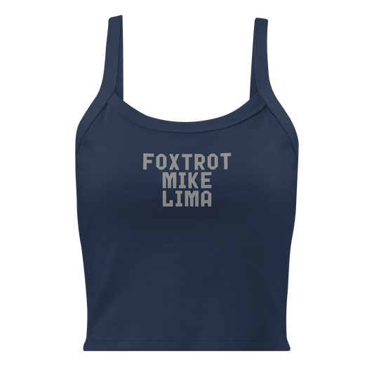 "Foxtrot Mike Lima" printed on a solid navy blend women's micro-rib tanktop laying on a flat surface