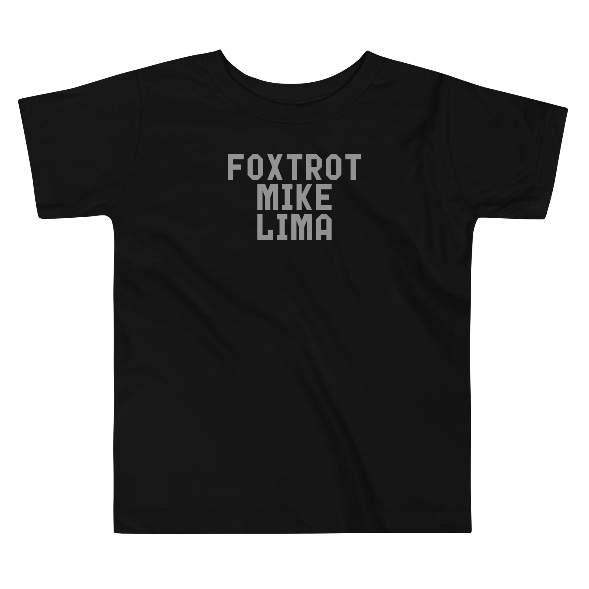 "Foxtrot Mike Lima" printed on a black toddler short sleeve tee laying on a flat surface