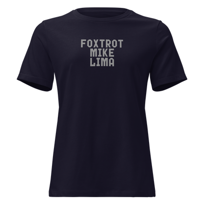 "Foxtrot Mike Lima" printed on a navy on an invisible / simulated body