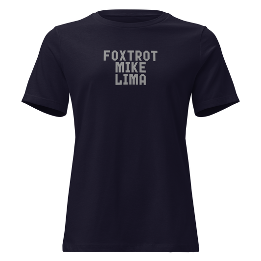 "Foxtrot Mike Lima" printed on a navy on an invisible / simulated body