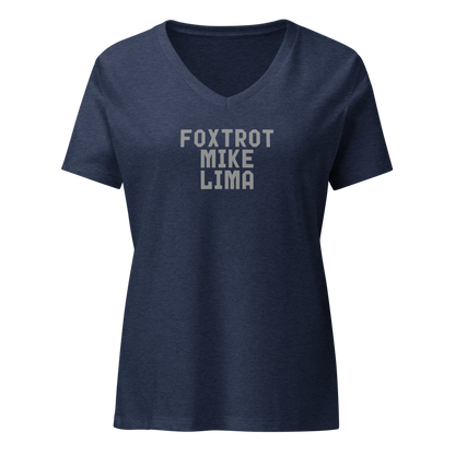 "Foxtrot Mike Lima" printed on a heather navy on an invisible / simulated body