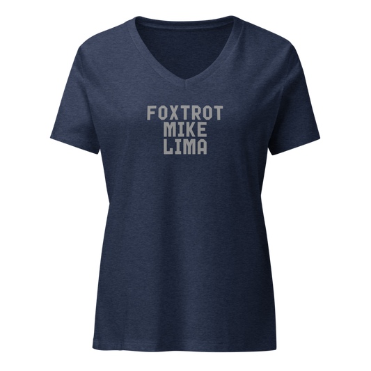 "Foxtrot Mike Lima" printed on a heather navy on an invisible / simulated body