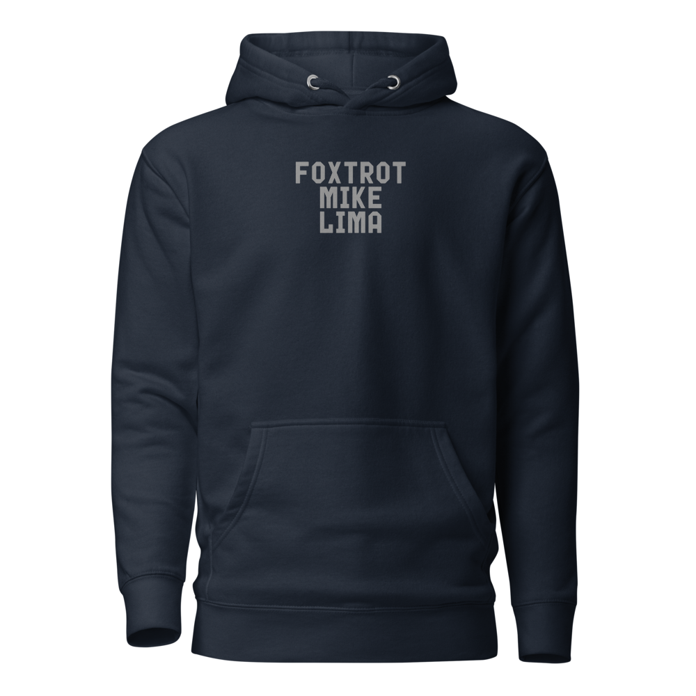 "Foxtrot Mike Lima" printed on a navy blazer on an invisible / simulated body
