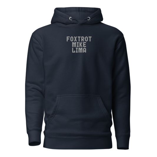 "Foxtrot Mike Lima" printed on a navy blazer on an invisible / simulated body