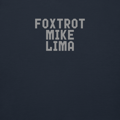 "Foxtrot Mike Lima" printed on a navy blazer background