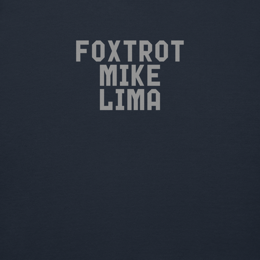 "Foxtrot Mike Lima" printed on a navy blazer background